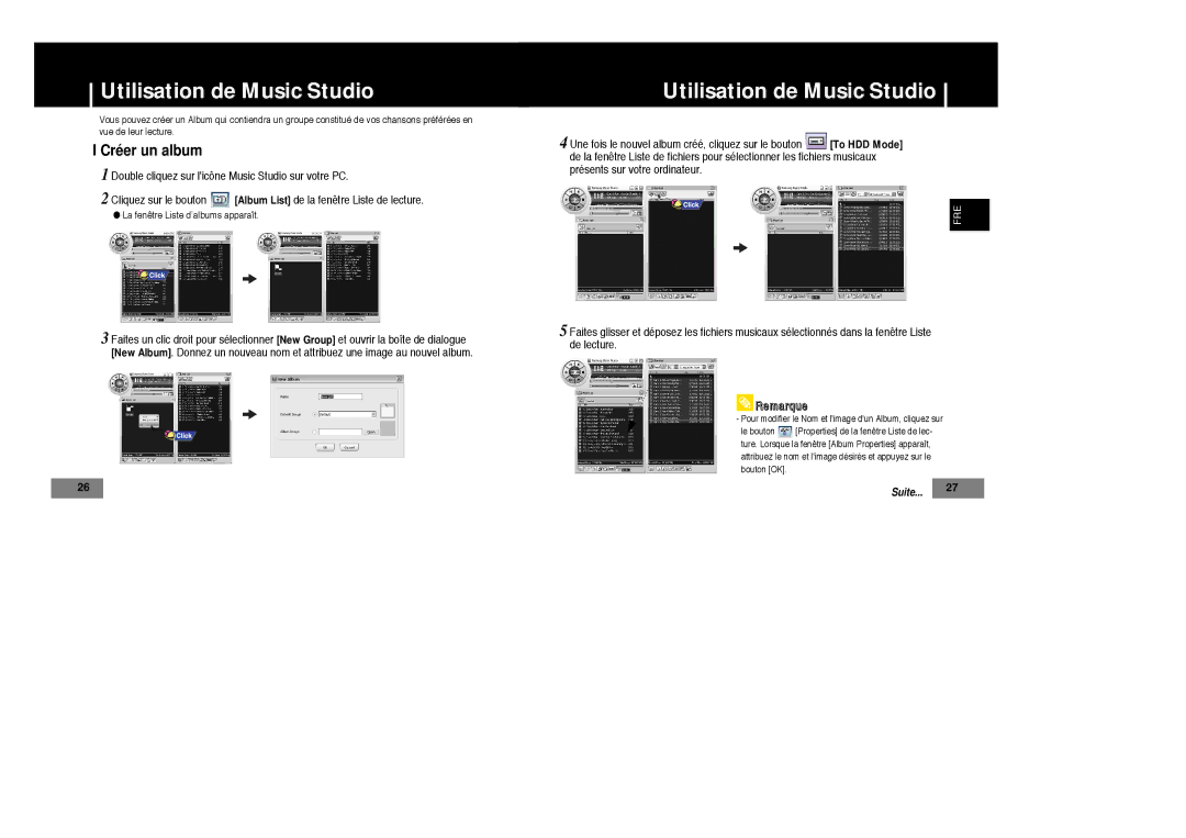 Samsung YP-T4V/ELS, YP-T7Z/ELS, YP-T7X/ELS, YP-T7Z/XAA, YP-T7X/XAA manual Créer un album 