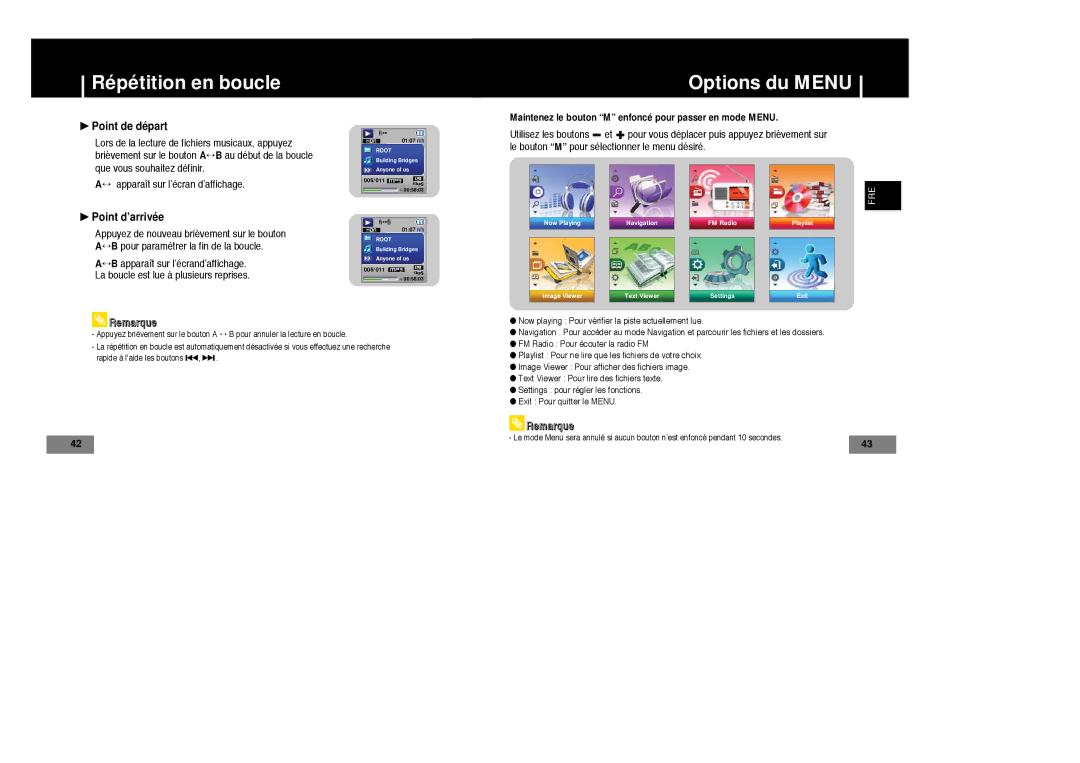 Samsung YP-T7Z/XAA, YP-T7Z/ELS, YP-T7X/ELS manual Répétition en boucle, Options du Menu, Point de départ, Point d’arrivée 