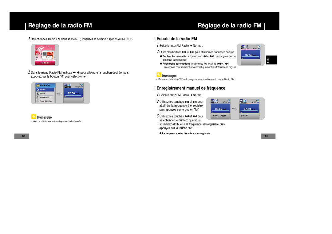 Samsung YP-T7Z/ELS, YP-T7X/ELS manual Réglage de la radio FM, Écoute de la radio FM, Enregistrement manuel de fréquence 