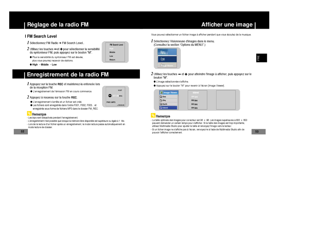 Samsung YP-T7Z/XAA Afficher une image, Enregistrement de la radio FM, FM Search Level, Appuyez à nouveau sur la touche REC 