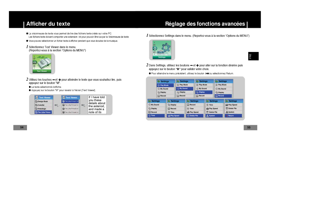 Samsung YP-T7X/XAA, YP-T7Z/ELS, YP-T7X/ELS, YP-T7Z/XAA, YP-T4V/ELS manual Afficher du texte, Réglage des fonctions avancées 