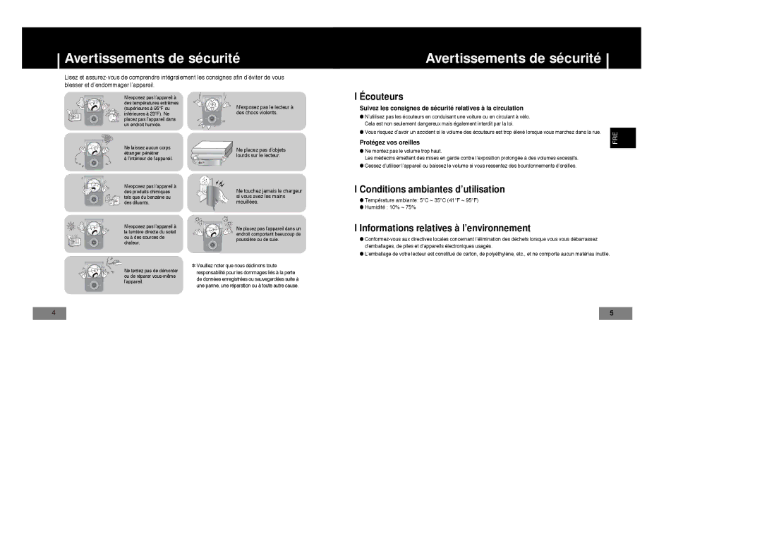 Samsung YP-T7X/XAA, YP-T7Z/ELS, YP-T7X/ELS, YP-T7Z/XAA, YP-T4V/ELS manual Avertissements de sécurité, Écouteurs 