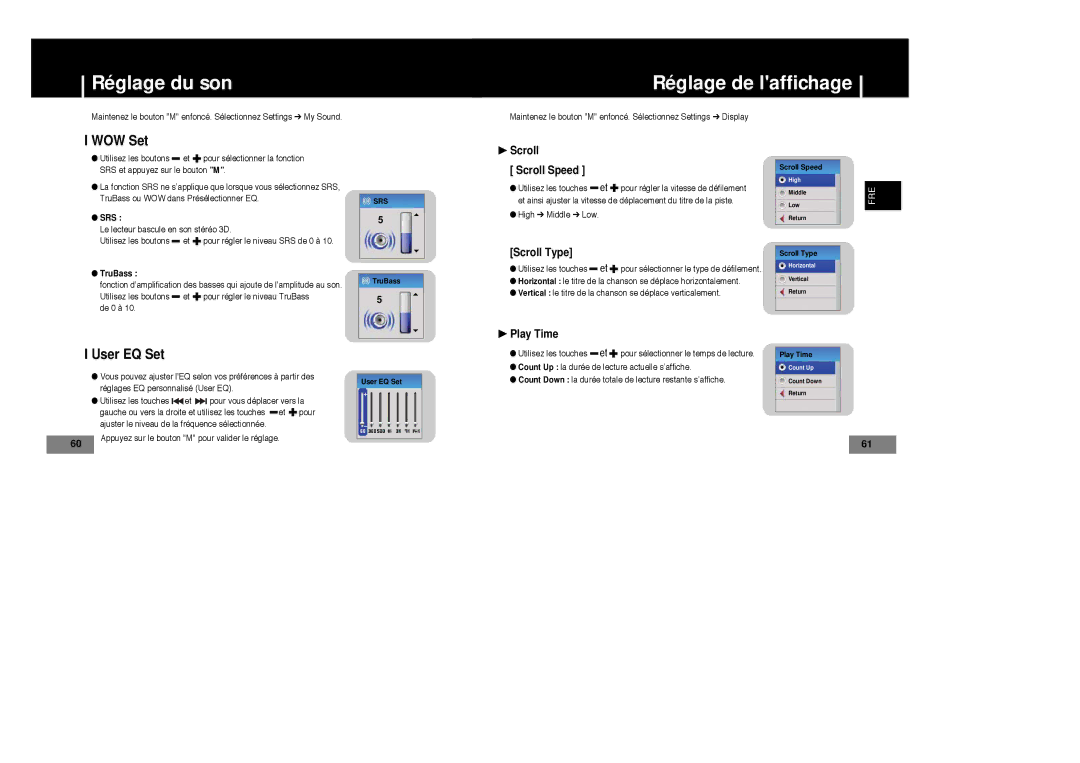 Samsung YP-T7X/ELS, YP-T7Z/ELS, YP-T7Z/XAA, YP-T7X/XAA, YP-T4V/ELS Réglage du son Réglage de laffichage, WOW Set, User EQ Set 