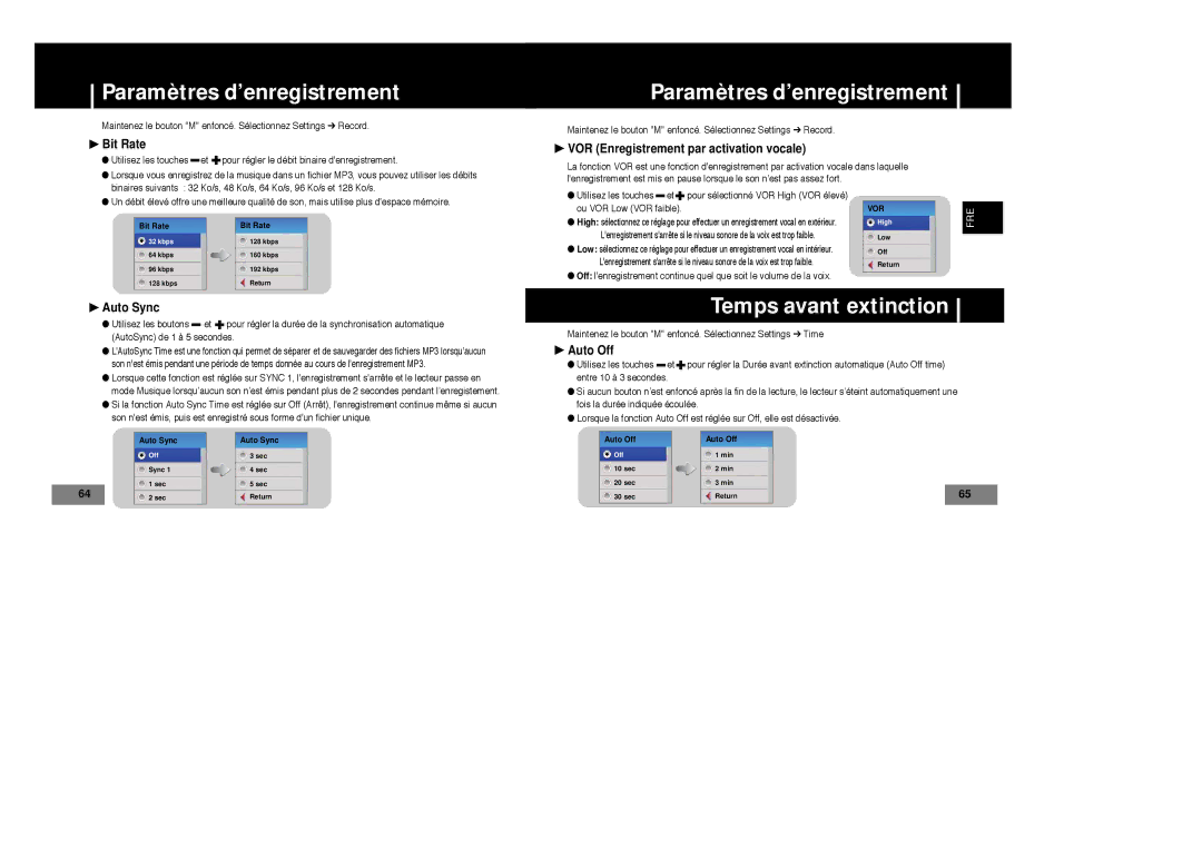 Samsung YP-T7X/XAA, YP-T7Z/ELS, YP-T7X/ELS, YP-T7Z/XAA, YP-T4V/ELS manual Paramètres d’enregistrement, Temps avant extinction 