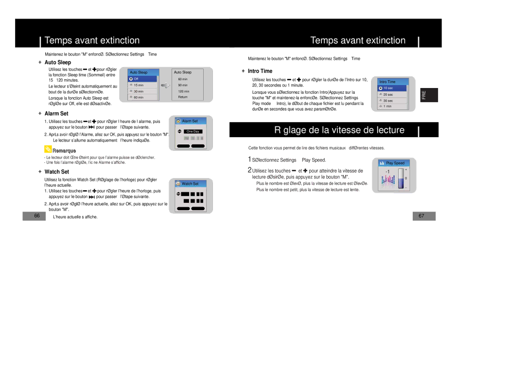 Samsung YP-T4V/ELS, YP-T7Z/ELS, YP-T7X/ELS Réglage de la vitesse de lecture, Auto Sleep, Intro Time, Alarm Set, Watch Set 