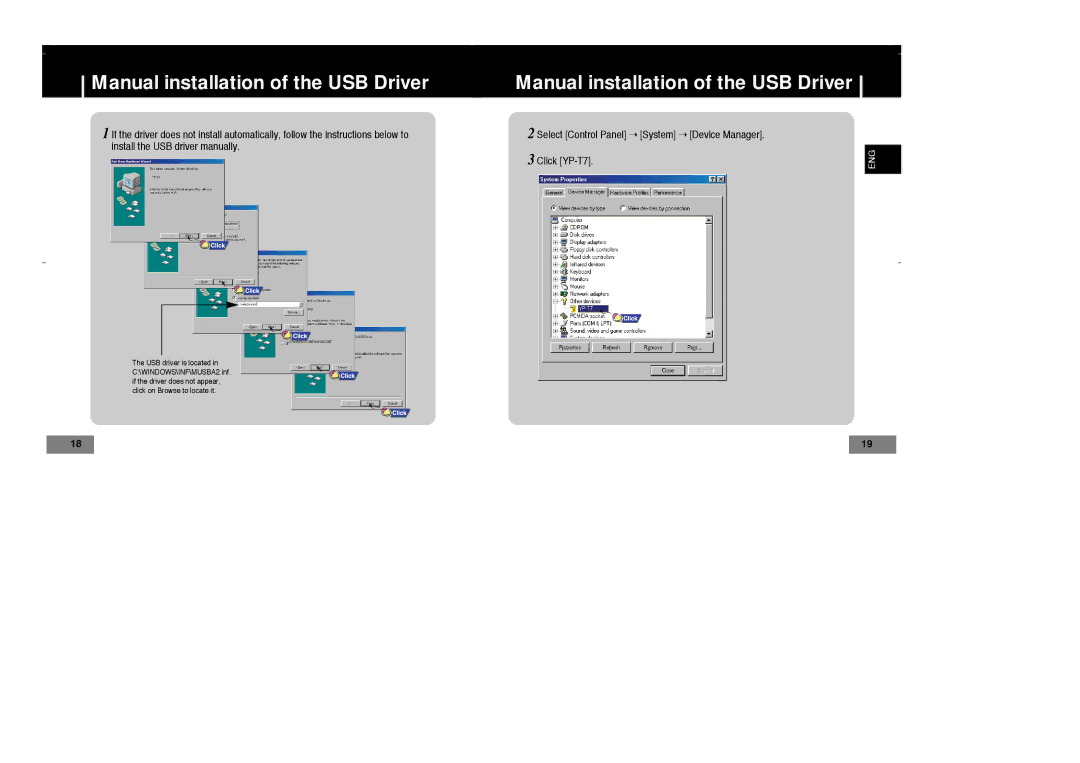 Samsung YP-T7V/CHN manual Manual installation of the USB Driver, Select Control Panel System Device Manager Click YP-T7 