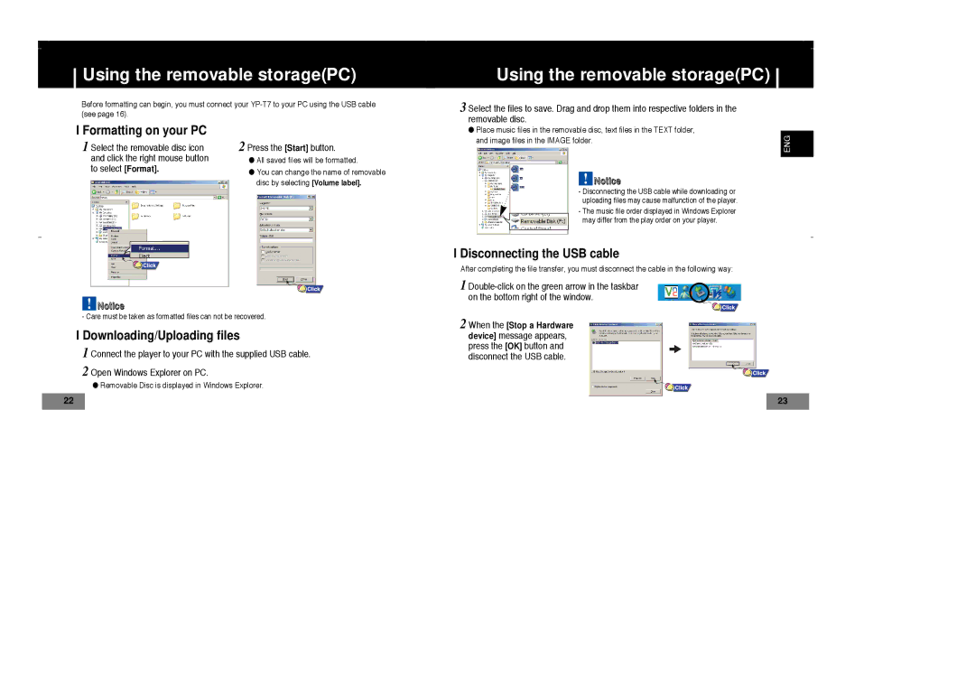 Samsung YP-T7X/ELS, YP-T7Z/ELS manual Using the removable storagePC, Formatting on your PC, Disconnecting the USB cable 