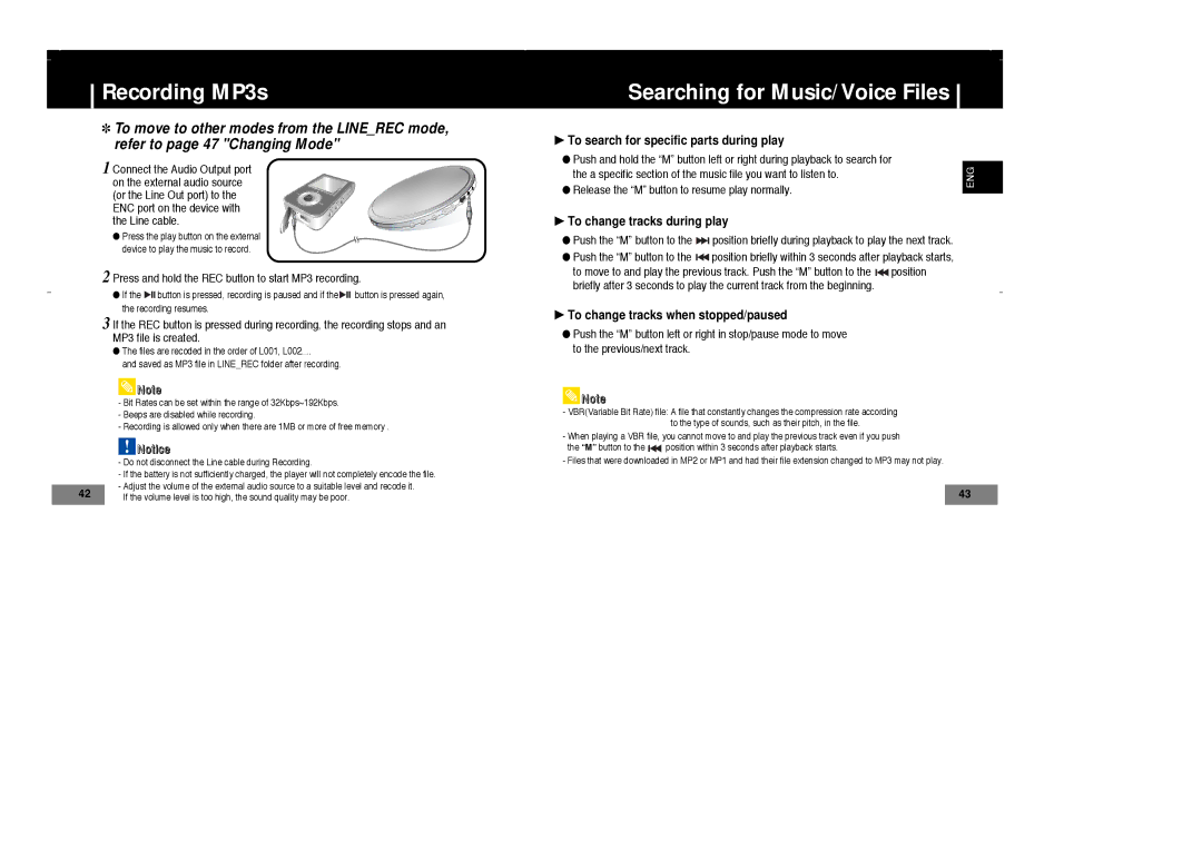 Samsung YP-T7Z/ELS, YP-T7X/ELS Recording MP3s, Searching for Music/Voice Files, To search for specific parts during play 