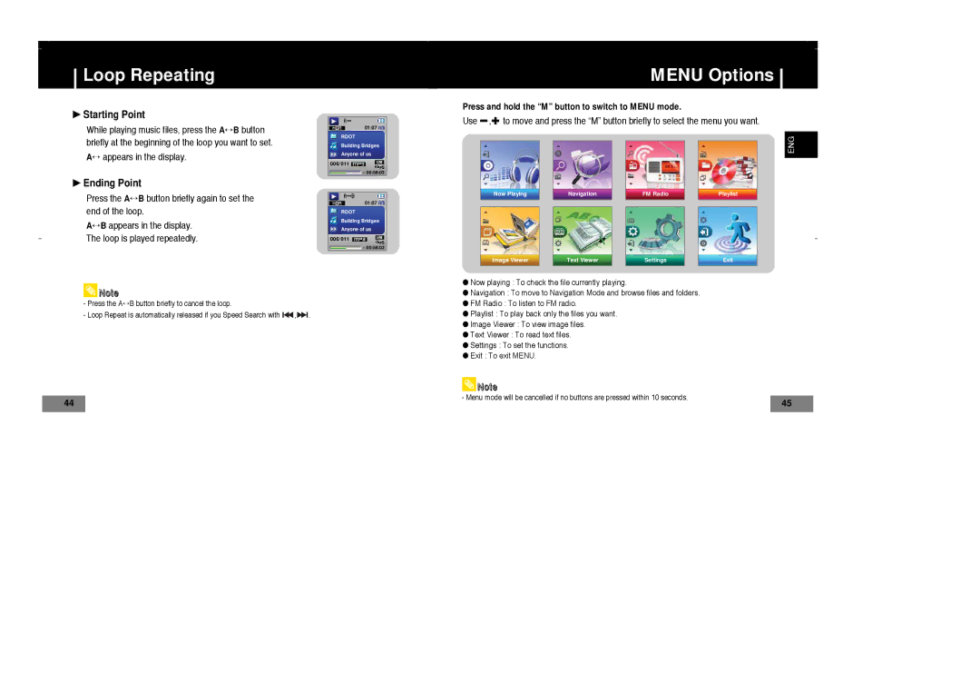 Samsung YP-T7X/ELS, YP-T7Z/ELS, YP-T7Z/XAA, YP-T7X/XAA, YP-T7V/XFO Loop Repeating, Menu Options, Starting Point, Ending Point 