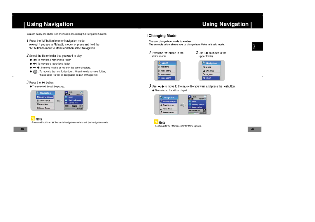 Samsung YP-T7Z/XAA, YP-T7Z/ELS, YP-T7X/ELS, YP-T7X/XAA, YP-T7V/XFO, YP-T7Z/XSP, YP-T7X/XSP manual Using Navigation, Changing Mode 