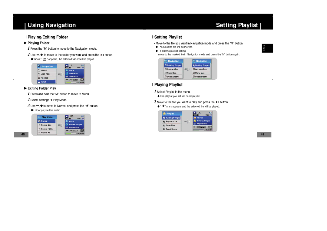 Samsung YP-T7X/XAA, YP-T7Z/ELS, YP-T7X/ELS, YP-T7Z/XAA, YP-T7V/XFO Setting Playlist, Playing/Exiting Folder, Playing Playlist 