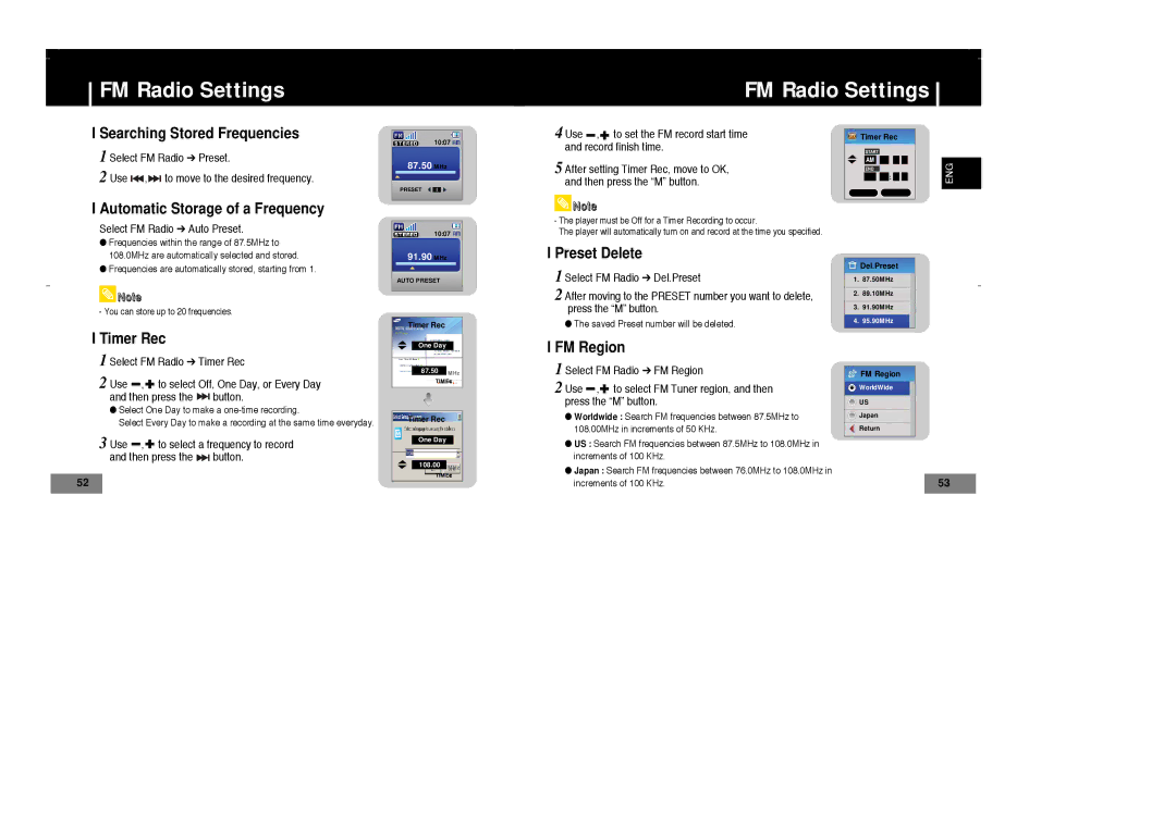 Samsung YP-T7Z/XSP Searching Stored Frequencies, Automatic Storage of a Frequency, Preset Delete, Timer Rec, FM Region 