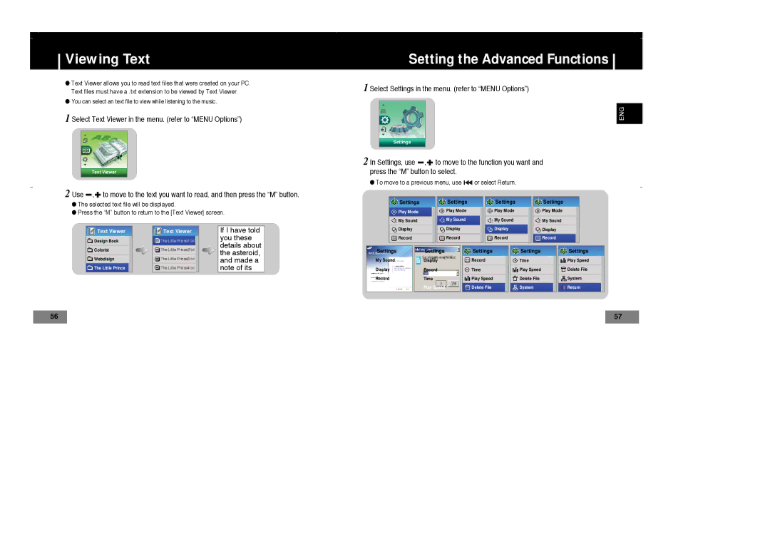 Samsung YP-T7X/XFO, YP-T7Z/ELS, YP-T7X/ELS, YP-T7Z/XAA Viewing Text, Select Text Viewer in the menu. refer to Menu Options 