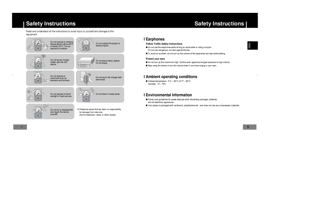 Samsung YP-T7X/XAA, YP-T7Z/ELS Safety Instructions, Earphones, Ambient operating conditions, Environmental Information 