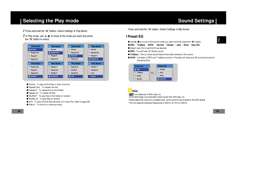 Samsung YP-T7X/XAC, YP-T7Z/ELS, YP-T7X/ELS, YP-T7Z/XAA, YP-T7X/XAA manual Selecting the Play mode, Sound Settings, Preset EQ 