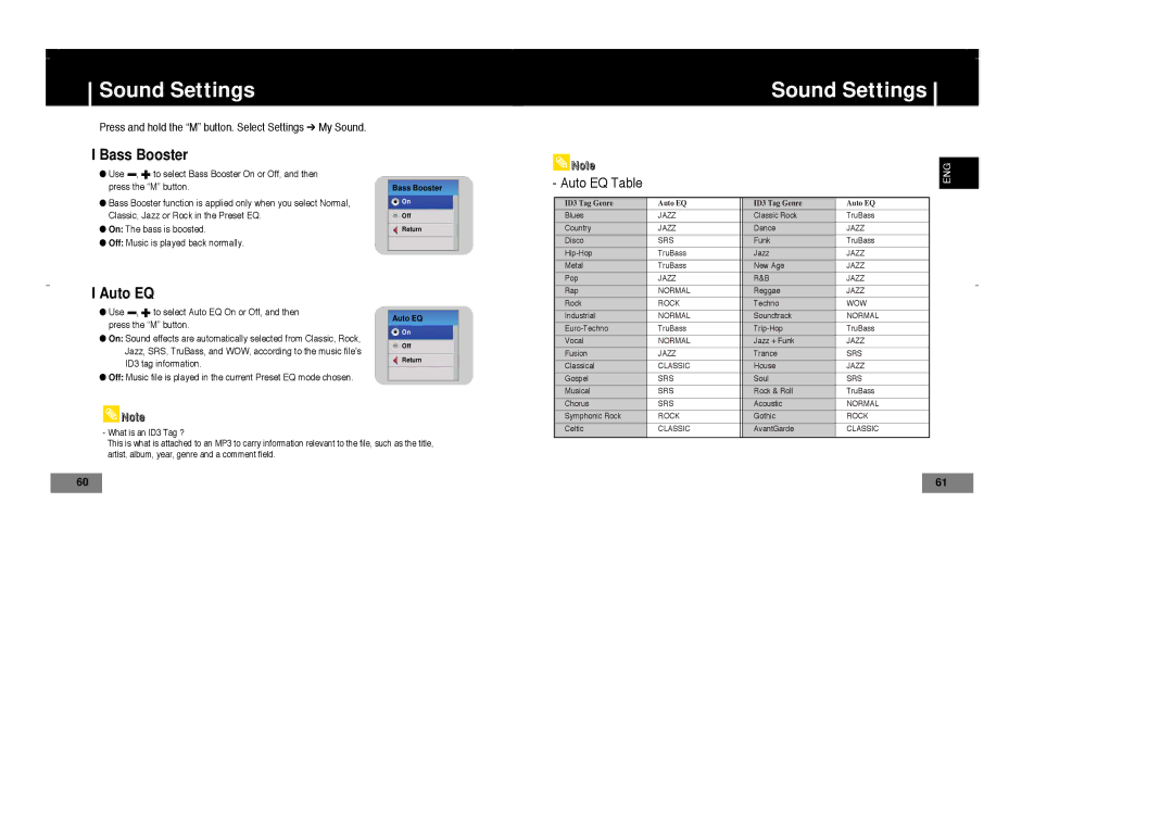 Samsung YP-T7V/XSV, YP-T7Z/ELS, YP-T7X/ELS, YP-T7Z/XAA, YP-T7X/XAA, YP-T7V/XFO, YP-T7Z/XSP, YP-T7X/XSP Bass Booster, Auto EQ 