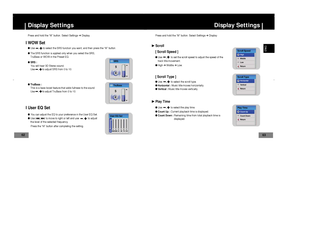 Samsung YP-T7V/CHN, YP-T7Z/ELS, YP-T7X/ELS, YP-T7Z/XAA, YP-T7X/XAA, YP-T7V/XFO manual Display Settings, WOW Set, User EQ Set 