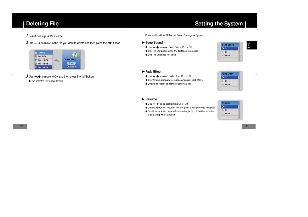 Samsung YP-T7X/XAA manual Deleting File, Beep Sound, Fade Effect, Resume, Use , to move to OK and then press the M button 