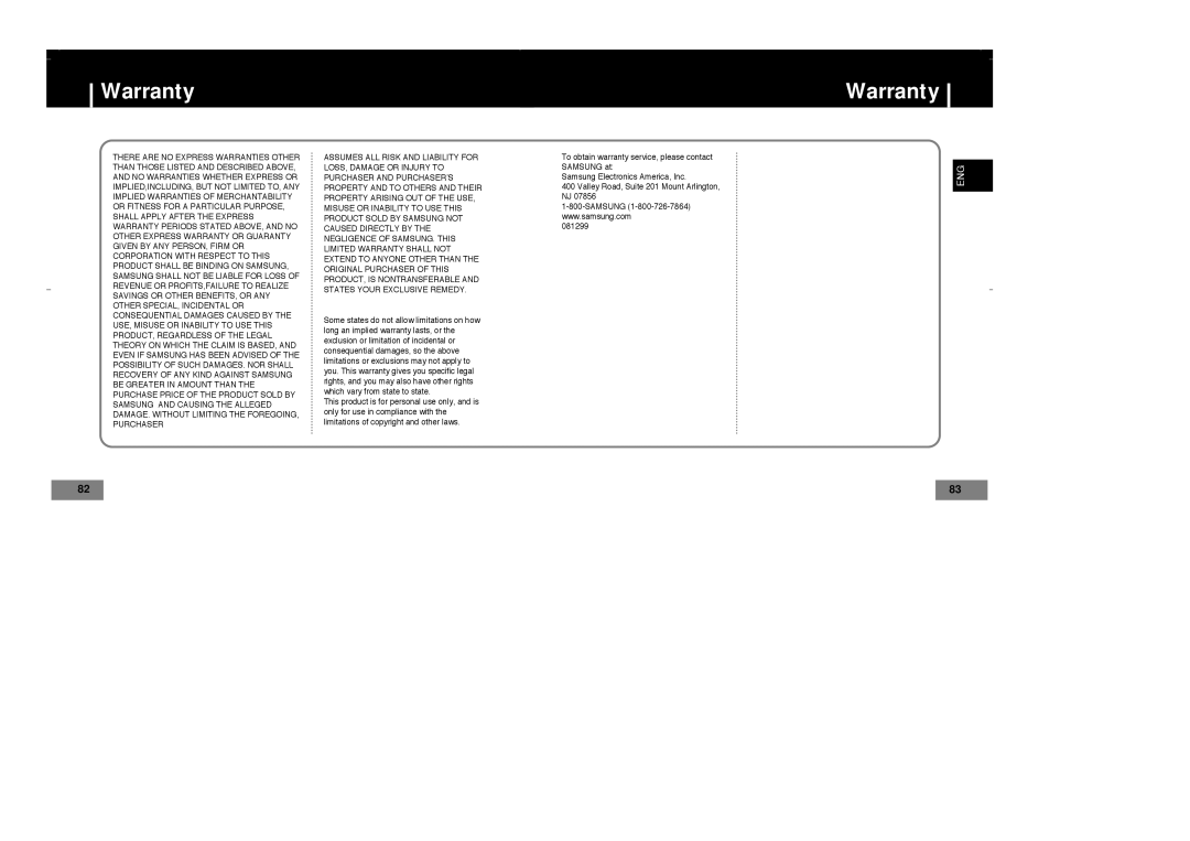 Samsung YP-T7V/XSV, YP-T7Z/ELS, YP-T7X/ELS, YP-T7Z/XAA, YP-T7X/XAA, YP-T7V/XFO, YP-T7Z/XSP, YP-T7X/XSP, YP-T7X/XFO manual Warranty 