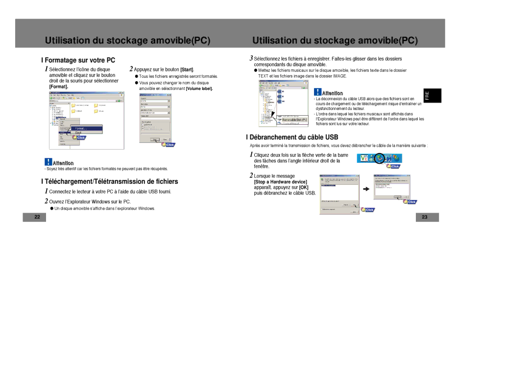 Samsung YP-T7Z/ELS, YP-T7X/ELS manual Utilisation du stockage amoviblePC, Formatage sur votre PC, Débranchement du câble USB 