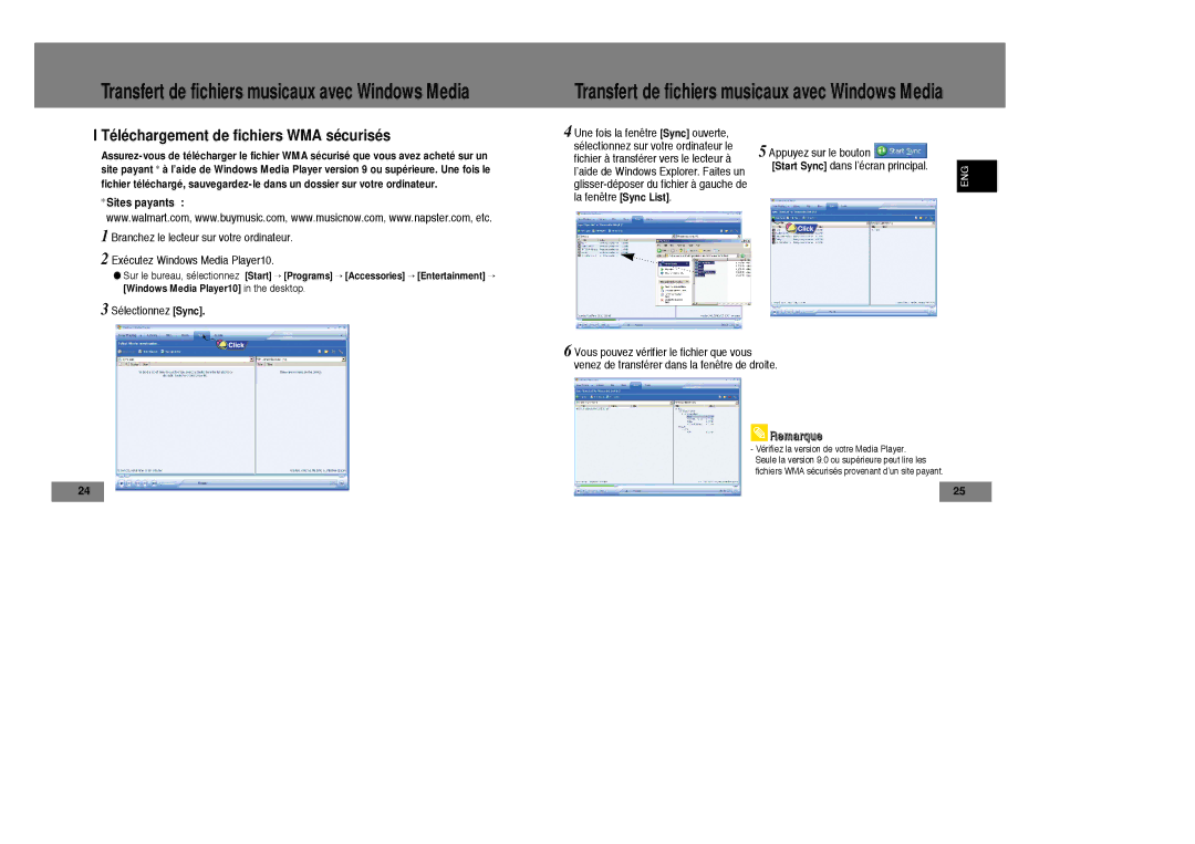 Samsung YP-T7X/ELS, YP-T7Z/ELS Transfert de fichiers musicaux avec Windows Media, Téléchargement de fichiers WMA sécurisés 