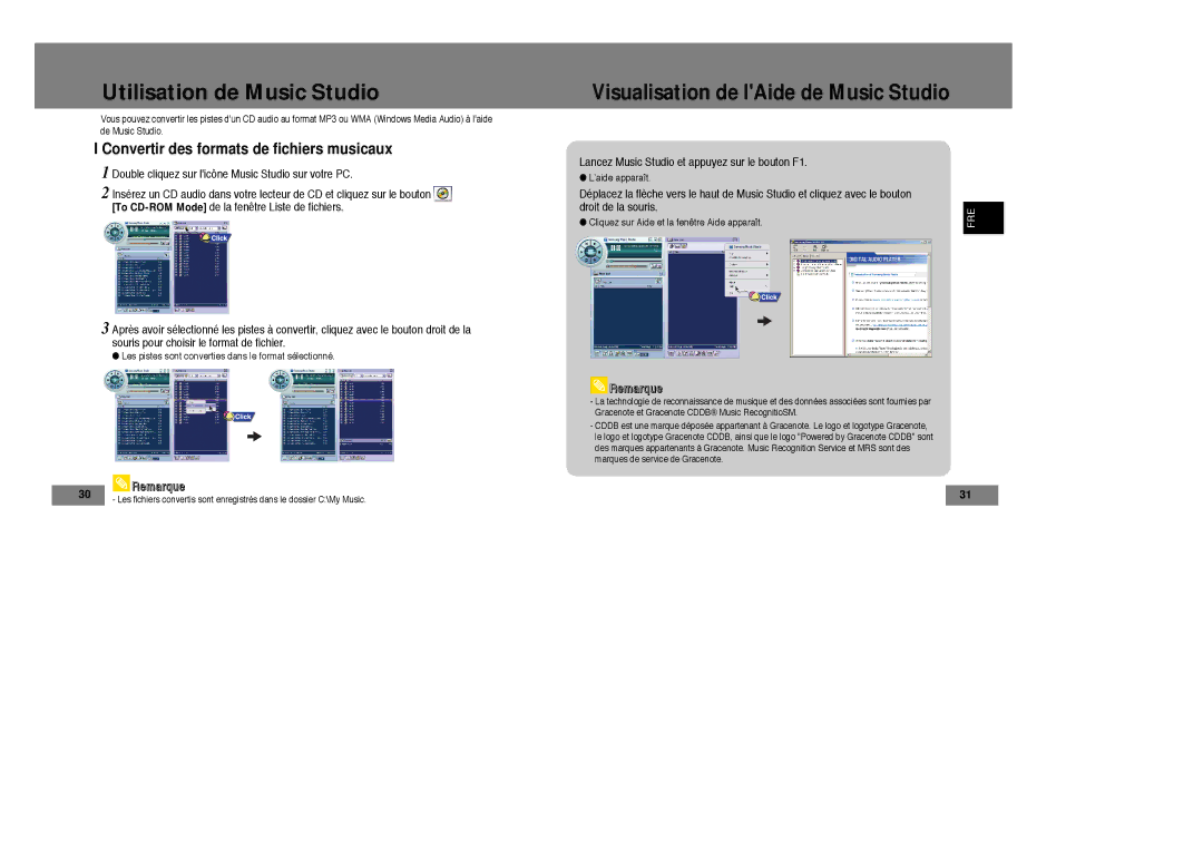 Samsung YP-T7Z/ELS, YP-T7X/ELS Convertir des formats de fichiers musicaux, Lancez Music Studio et appuyez sur le bouton F1 