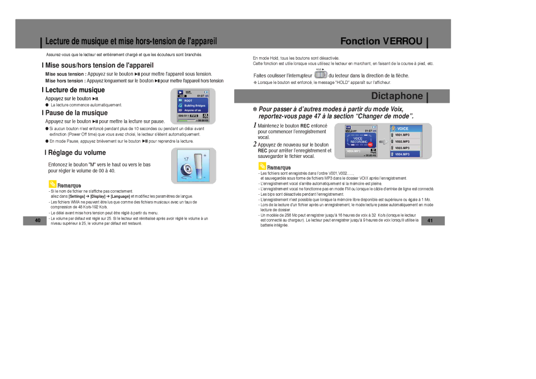 Samsung YP-T7X/ELS, YP-T7Z/ELS, YP-T7Z/XAA, YP-T7X/XAA manual Fonction Verrou, Appuyez sur le bouton √ 