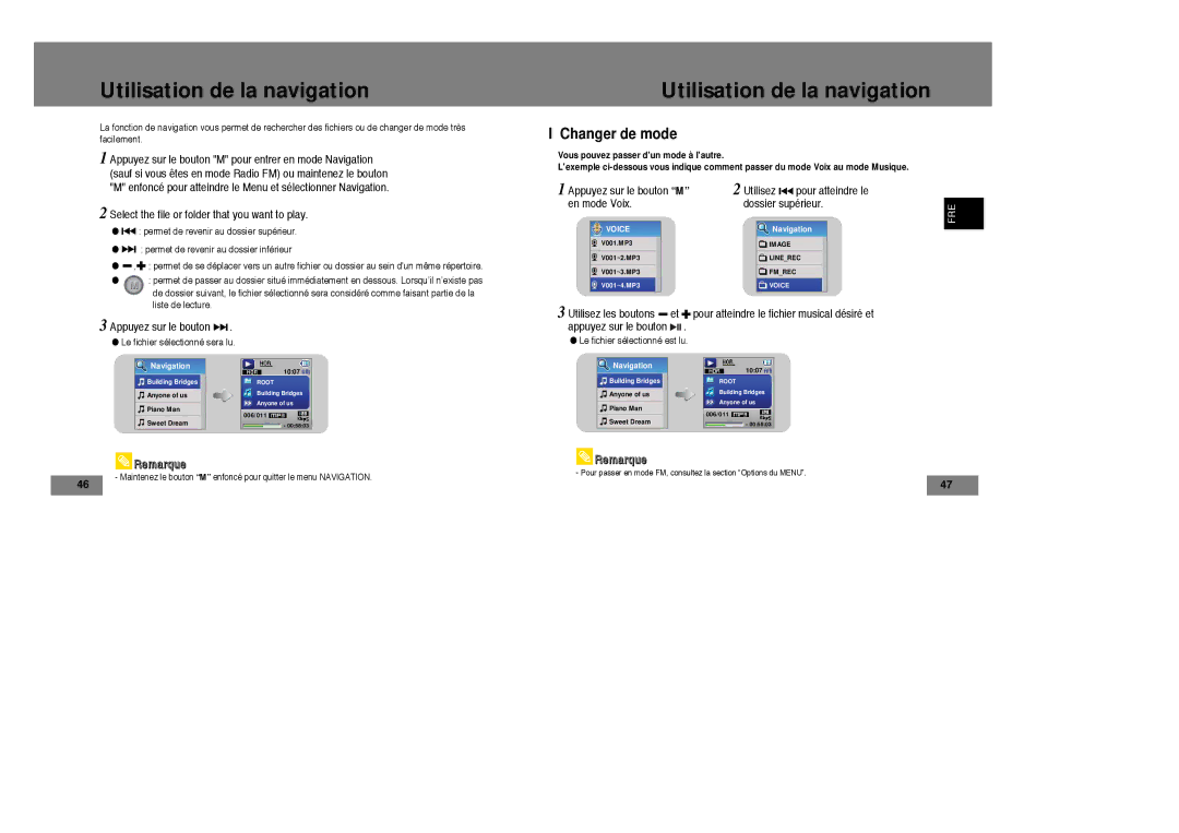 Samsung YP-T7Z/ELS manual Utilisation de la navigation, Changer de mode, Select the file or folder that you want to play 