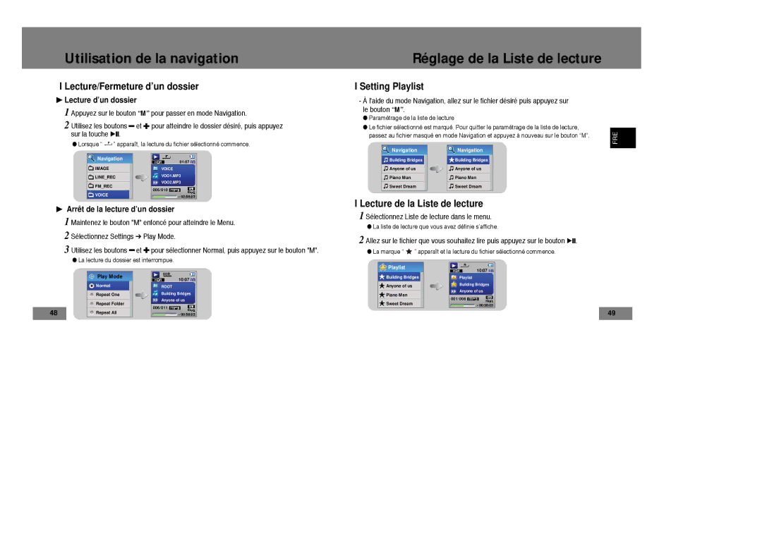 Samsung YP-T7X/ELS, YP-T7Z/ELS, YP-T7Z/XAA Réglage de la Liste de lecture, Lecture/Fermeture d’un dossier, Setting Playlist 