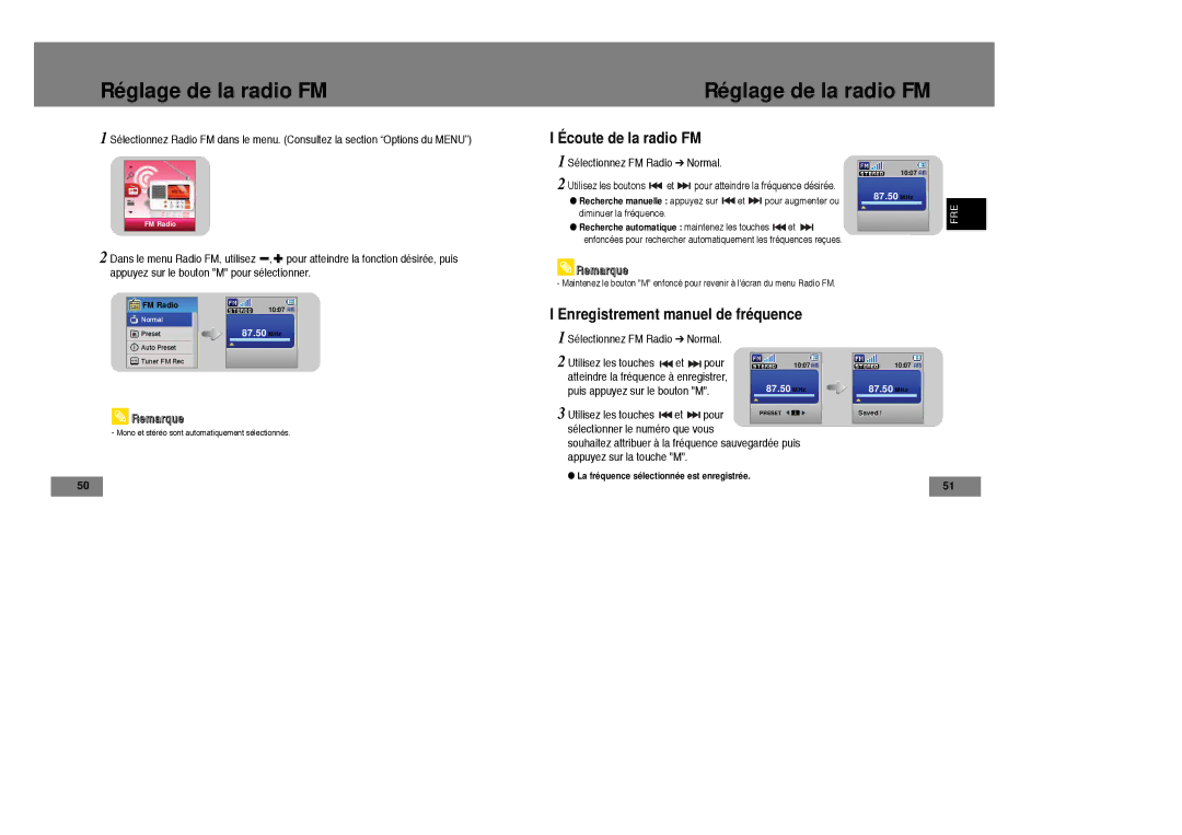 Samsung YP-T7Z/XAA, YP-T7Z/ELS manual Réglage de la radio FM, Écoute de la radio FM, Enregistrement manuel de fréquence 