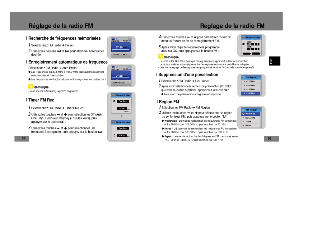 Samsung YP-T7X/XAA Recherche de fréquences mémorisées, Enregistrement automatique de fréquence, Timer FM Rec, Région FM 