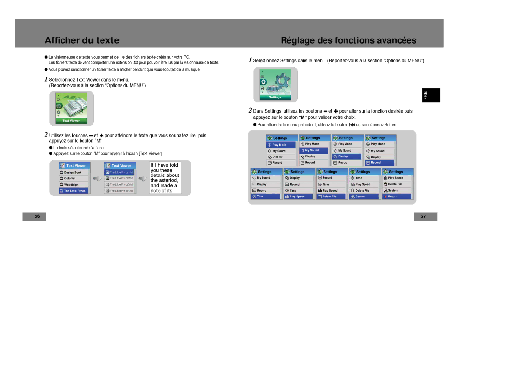 Samsung YP-T7X/ELS, YP-T7Z/ELS, YP-T7Z/XAA, YP-T7X/XAA manual Afficher du texte, Réglage des fonctions avancées 