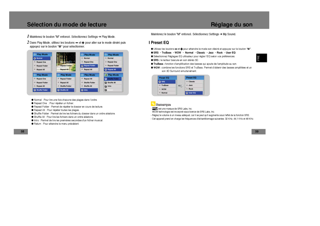 Samsung YP-T7Z/XAA, YP-T7Z/ELS, YP-T7X/ELS, YP-T7X/XAA manual Sélection du mode de lecture, Réglage du son, Preset EQ 