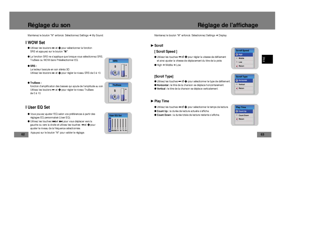 Samsung YP-T7Z/ELS, YP-T7X/ELS, YP-T7Z/XAA, YP-T7X/XAA manual Réglage du son Réglage de laffichage, WOW Set, User EQ Set 