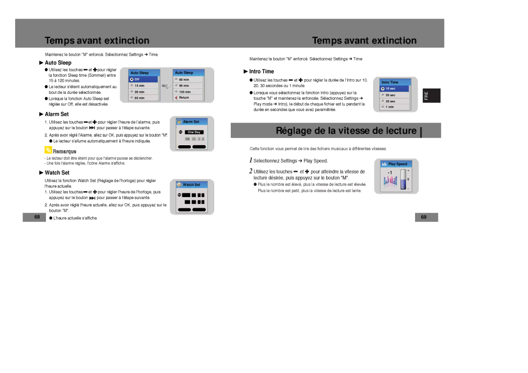 Samsung YP-T7X/XAA, YP-T7Z/ELS, YP-T7X/ELS Réglage de la vitesse de lecture, Auto Sleep, Intro Time, Alarm Set, Watch Set 