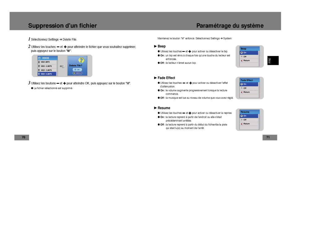 Samsung YP-T7Z/ELS, YP-T7X/ELS, YP-T7Z/XAA, YP-T7X/XAA manual Suppression dun fichier, Beep, Fade Effect, Resume 