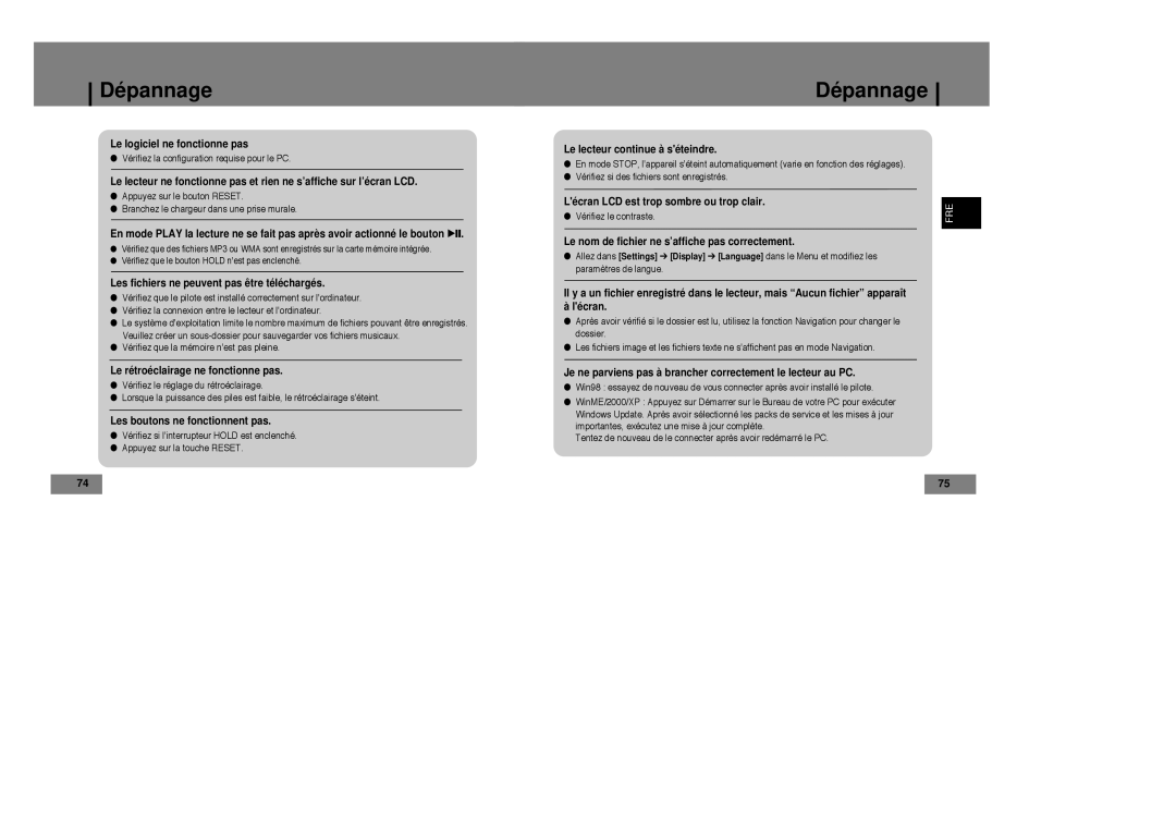 Samsung YP-T7Z/XAA, YP-T7Z/ELS, YP-T7X/ELS, YP-T7X/XAA manual Dépannage, Les fichiers ne peuvent pas être téléchargés 