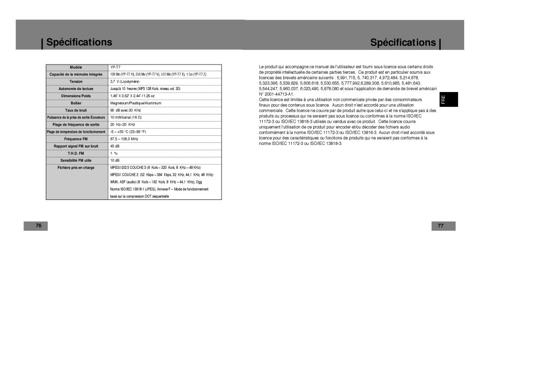 Samsung YP-T7X/XAA, YP-T7Z/ELS, YP-T7X/ELS, YP-T7Z/XAA manual Spécifications, D. Fm 