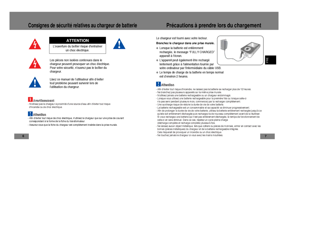 Samsung YP-T7Z/ELS, YP-T7X/ELS, YP-T7Z/XAA, YP-T7X/XAA manual Précautions à prendre lors du chargement 