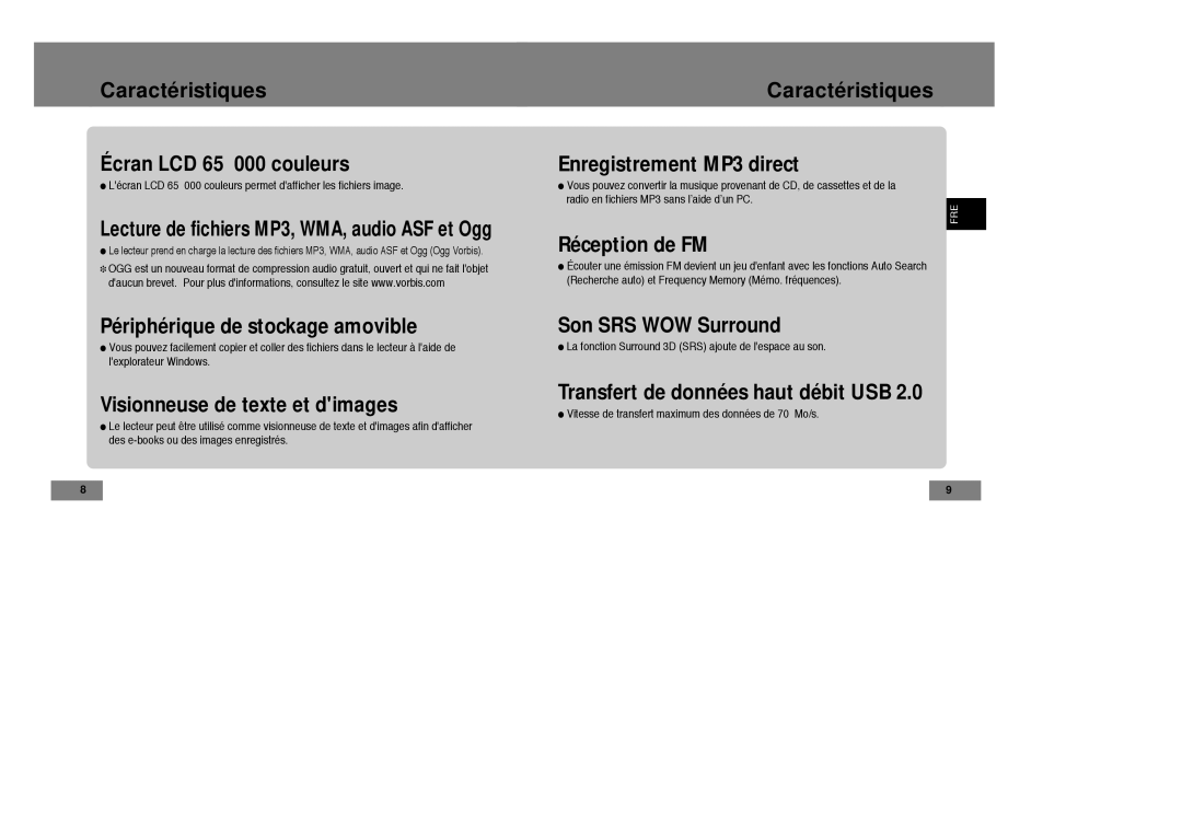 Samsung YP-T7X/ELS, YP-T7Z/ELS, YP-T7Z/XAA manual Caractéristiques, La fonction Surround 3D SRS ajoute de lespace au son 