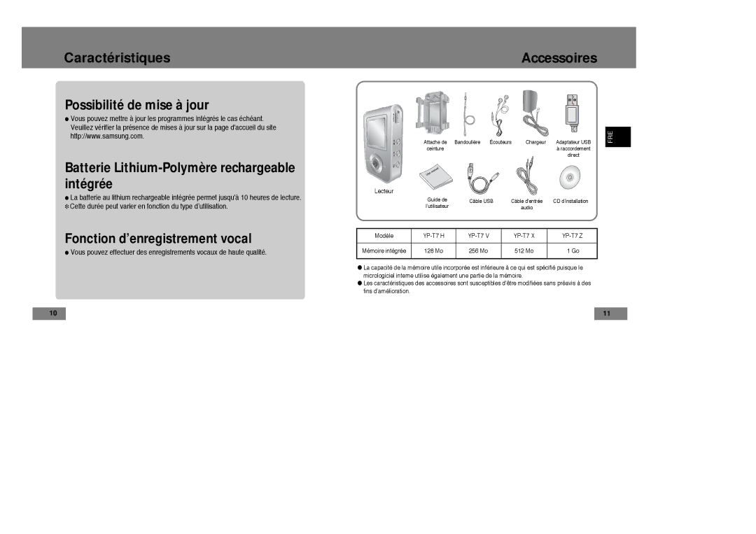 Samsung YP-T7Z/XAA, YP-T7Z/ELS, YP-T7X/ELS, YP-T7X/XAA manual Accessoires 