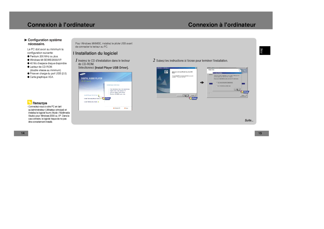 Samsung YP-T7Z/ELS, YP-T7X/ELS, YP-T7Z/XAA, YP-T7X/XAA manual Connexion à lordinateur, Remarque 