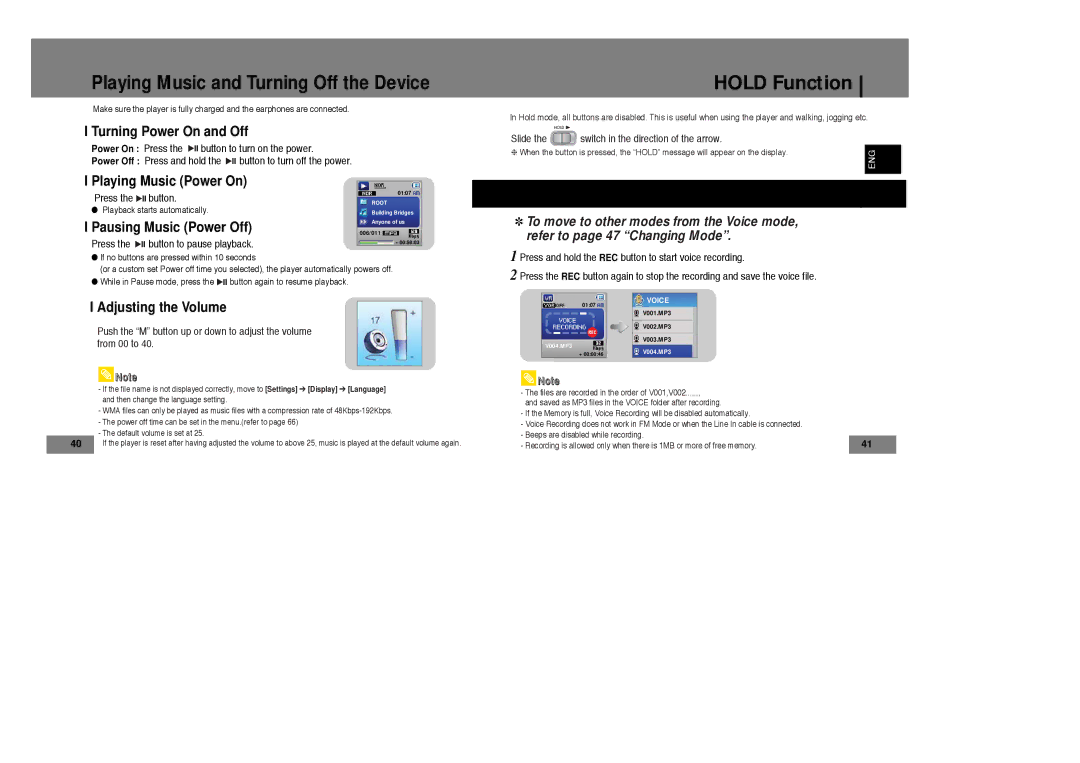 Samsung YP-T7X/ELS, YP-T7Z/ELS, YP-T7Z/XAA, YP-T7X/XAA manual Hold Function, Recording Voice 