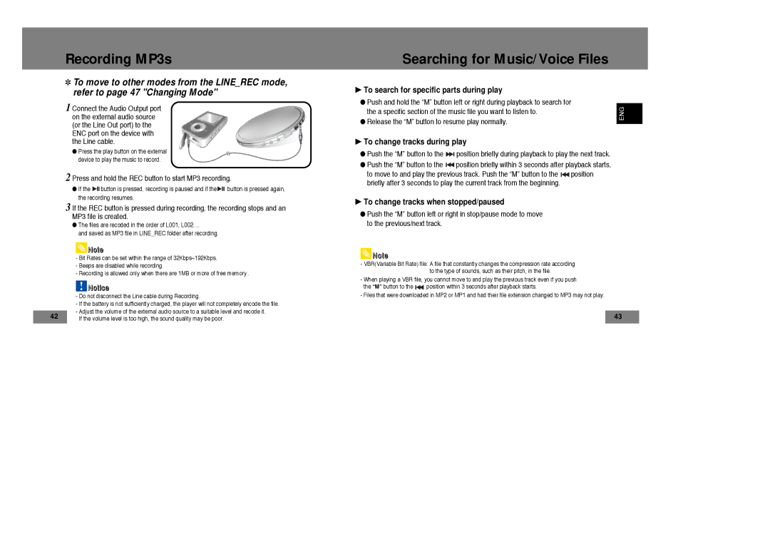 Samsung YP-T7Z/XAA, YP-T7Z/ELS Recording MP3s, Searching for Music/Voice Files, To search for specific parts during play 