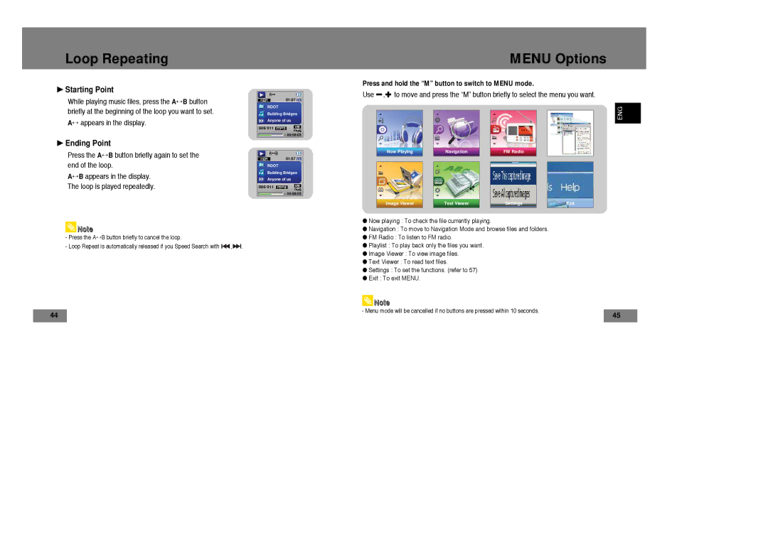 Samsung YP-T7X/XAA, YP-T7Z/ELS, YP-T7X/ELS, YP-T7Z/XAA manual Loop Repeating, Menu Options, Starting Point, Ending Point 