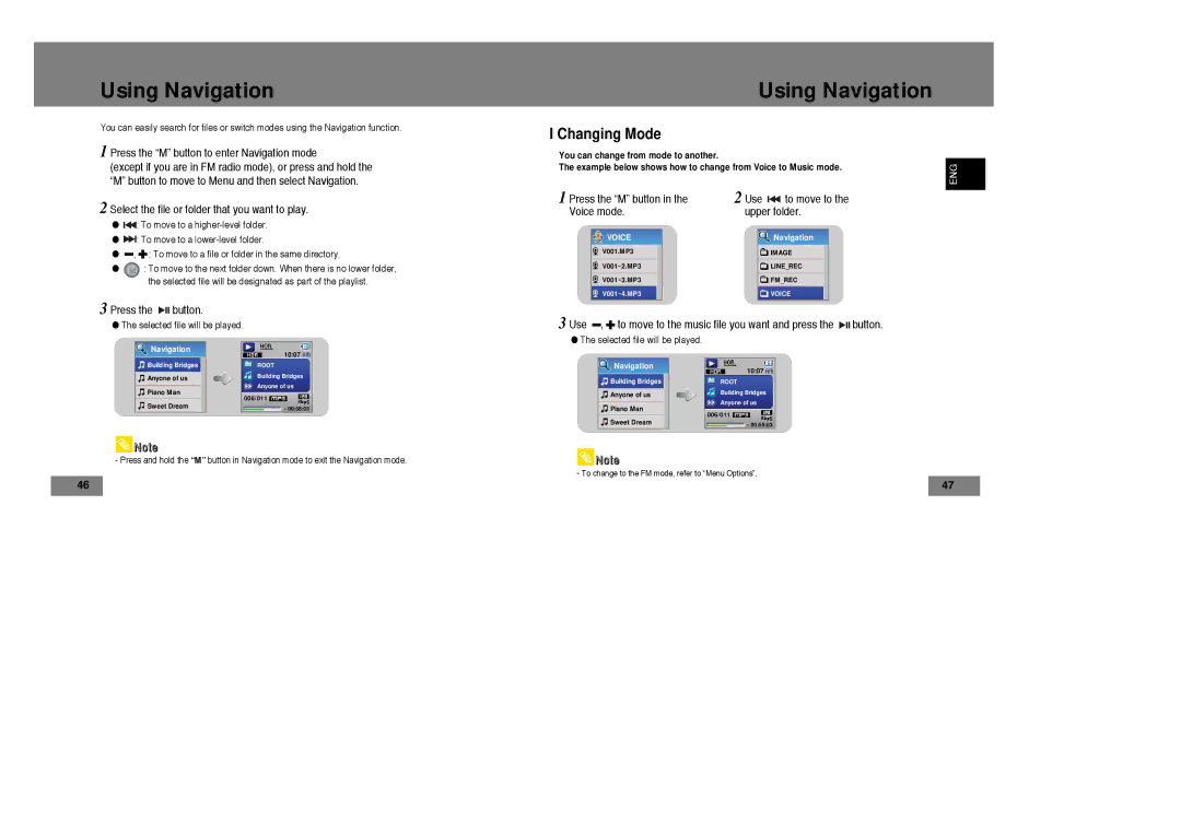 Samsung YP-T7Z/ELS, YP-T7X/ELS, YP-T7Z/XAA, YP-T7X/XAA manual Using Navigation, Changing Mode 