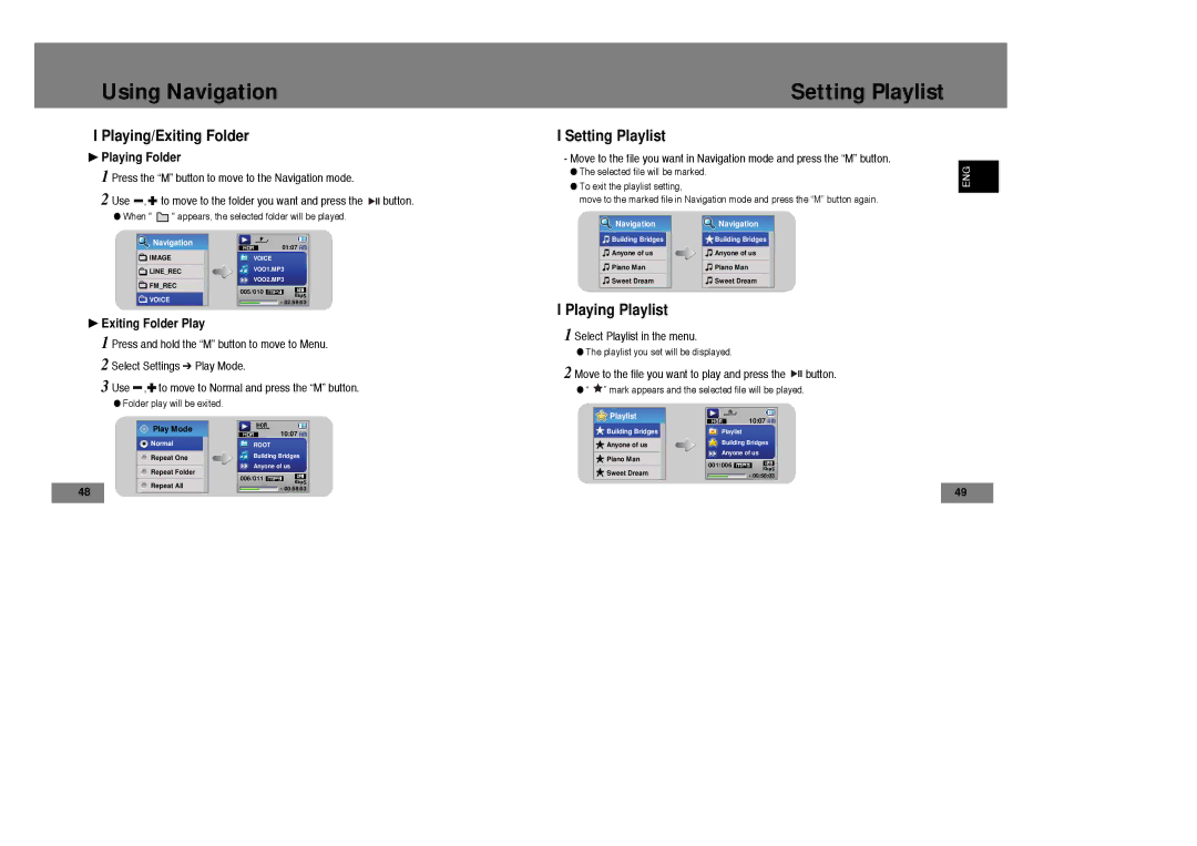 Samsung YP-T7X/ELS, YP-T7Z/ELS, YP-T7Z/XAA, YP-T7X/XAA manual Setting Playlist, Playing/Exiting Folder, Playing Playlist 