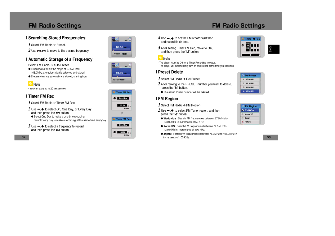 Samsung YP-T7X/XAA Searching Stored Frequencies, Automatic Storage of a Frequency, Preset Delete, Timer FM Rec, FM Region 