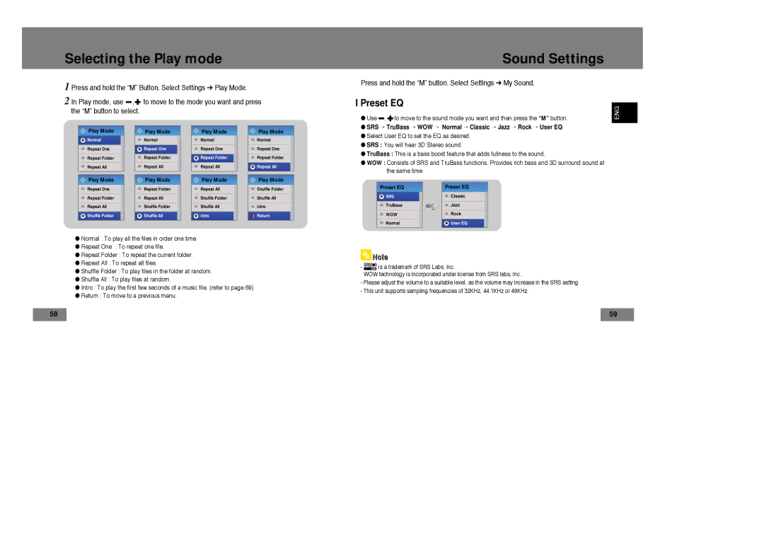 Samsung YP-T7Z/XAA, YP-T7Z/ELS, YP-T7X/ELS, YP-T7X/XAA manual Selecting the Play mode, Sound Settings, Preset EQ 