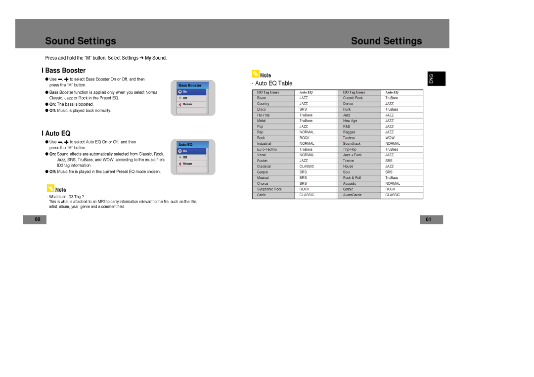 Samsung YP-T7X/XAA, YP-T7Z/ELS, YP-T7X/ELS, YP-T7Z/XAA manual Bass Booster, Auto EQ 